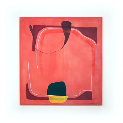 Megan painted this 64 x 60 in. canvas, titled Frame Apart, with flashe and gesso in 2023.