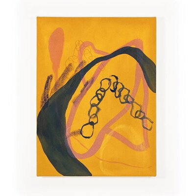 Megan, who graduated with a BFA from Tulane with a double major in studio art and dance, painted this earlier this year, entitled Scatter,  with flashe, oil pastel, chalk pastel, colored pencil, and paper.