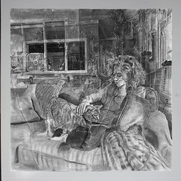 Chris Marin’s career has taken him from native Texas to California, Louisiana, then Cincinnati. This charcoal and permanent marker sketch, entitled Canela (the Spanish word for cinnamon), is reference to the tabby in the foreground.