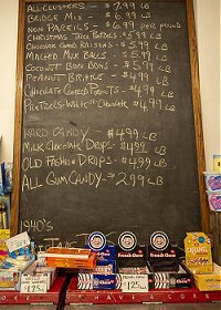 The candy menu at Peluso's Market.