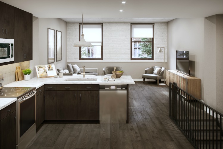 Residents of the Crane Factory Flats enjoy upscale amenities and high-end communal spaces.