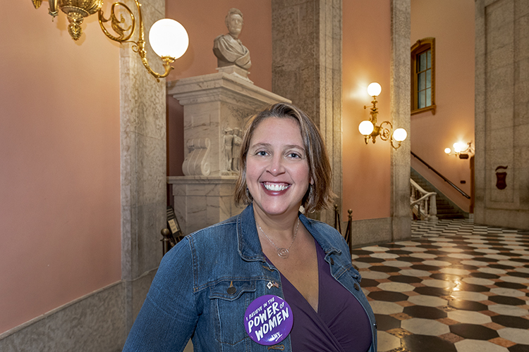 Jen Miller, Exec. Director, Ohio League of Women Voters at Ohio Statehouse Rotunda. Photo by Gary Kessler.