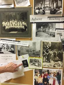 Bulletin board at a recent historical society meeting shows historic photos from Walnut Hills Church of the Advent.
