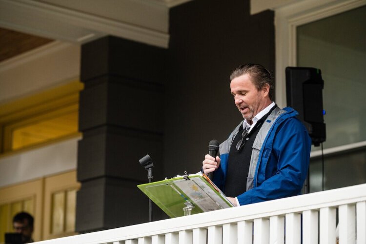 Scott Hackenberg, IFF, speaks at the ribbon cutting ceremony for Rosemary's Babies on March 30, 2025.