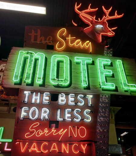 This vintage neon hotel sign was moved from a former Beaver, UT lodge. Neonworks installed new tubing, transformers, and other neon components to bring the bygone business signage back to life.