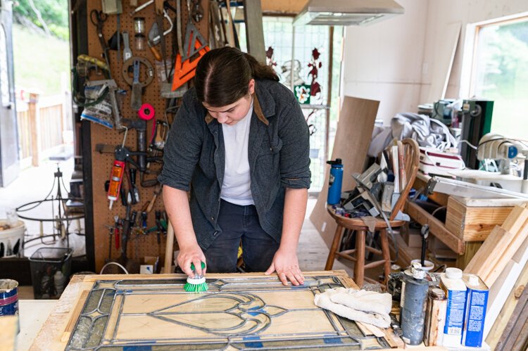 Apprentice Sarah Cousino, 25, learned carpentry from a young age from her father, a woodworker.