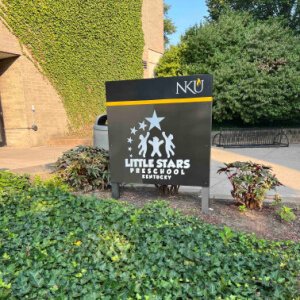 A sign outside the Mathematics, Education & Psychology Center at NKU welcomes pint-sized scholars to Little Stars Preschool.