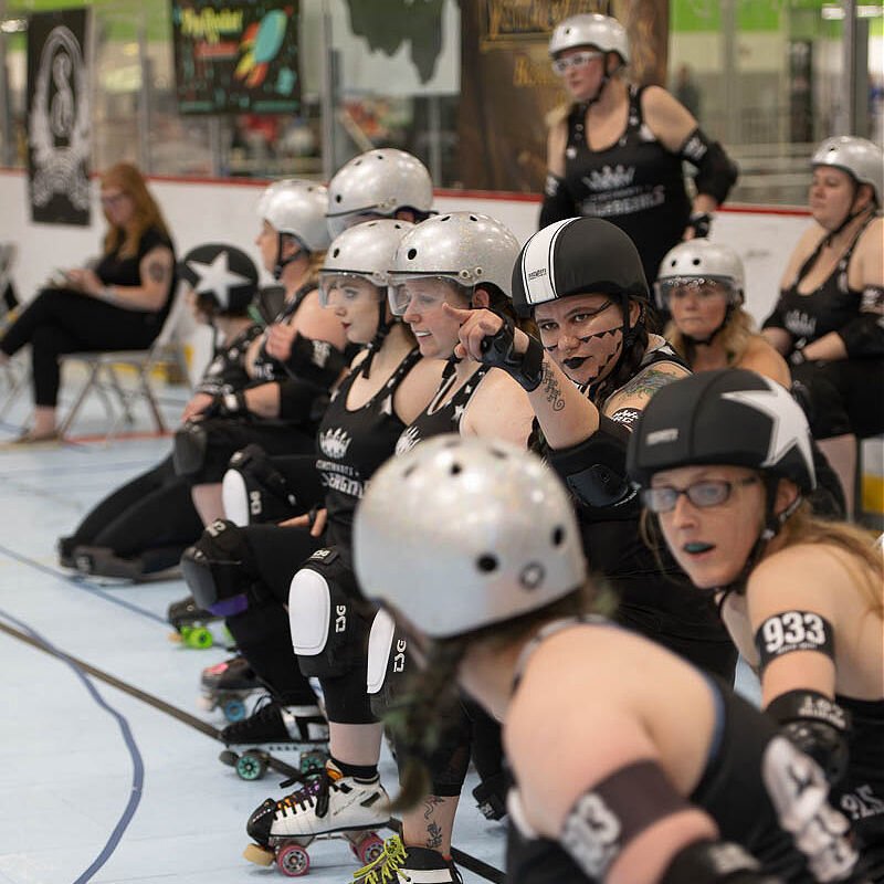 From from foreground to background: Fitzkrieg, Gore-gon, Krystonite, Wicked Widget, Harley Wince, ???, Raezor, Star Flatten'em. RailRoad is standing in the background. Photo by Jeffrey Sevier