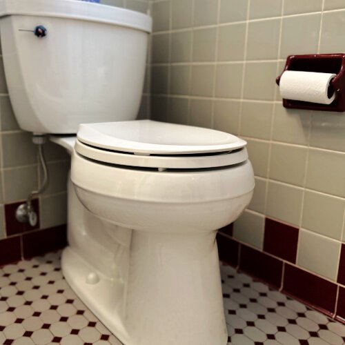 A clean, functioning toilet in a 1950s-era bathroom somewhere in Northern Kentucky.