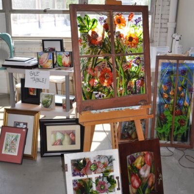 Painted glass pieces by Mary Beth Martin.