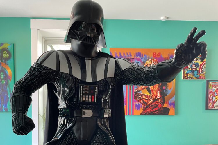 A life-size Darth Vader keeps an eye on things.