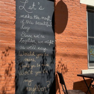 Roebling Point Books and Coffee chalkboard at 3rd St. and Greenup in Covington.