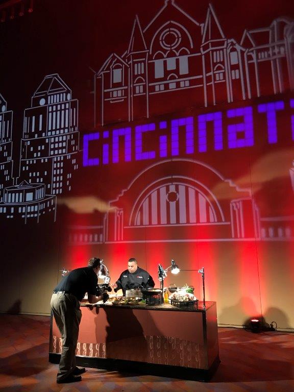 Prestige AV & Creative Services created dramatic lighting effects with gobos of Cincinnati’s most recognizable landmarks.