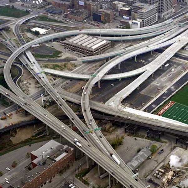 An aeiral view of the Cincinnati side of the Brent Spence Bridge crossing.
