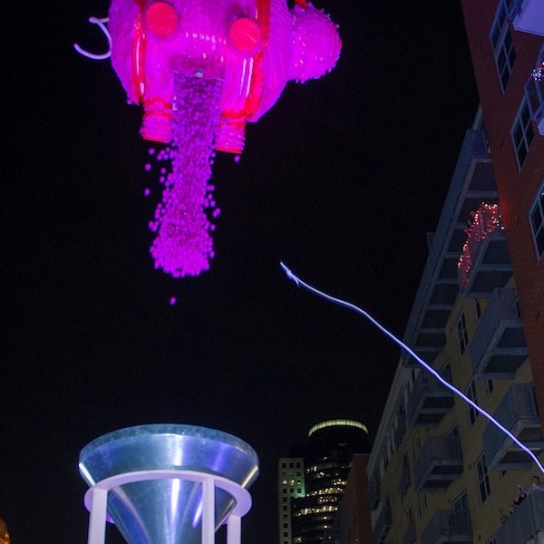 Mini pigs are dropped from a 'pig-nata' to determine the winner of The Piggest Raffle Ever.